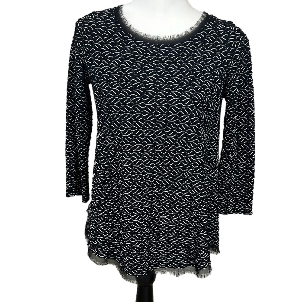 Postmark Anthropologie black white blouse 3/4 sleeve eyelash trim shirt
